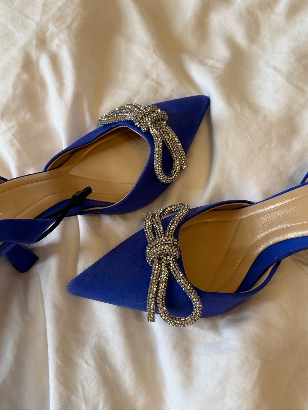 Zara Cobalt Blue Pointed Satin Slingback Heels with Crystal Knot